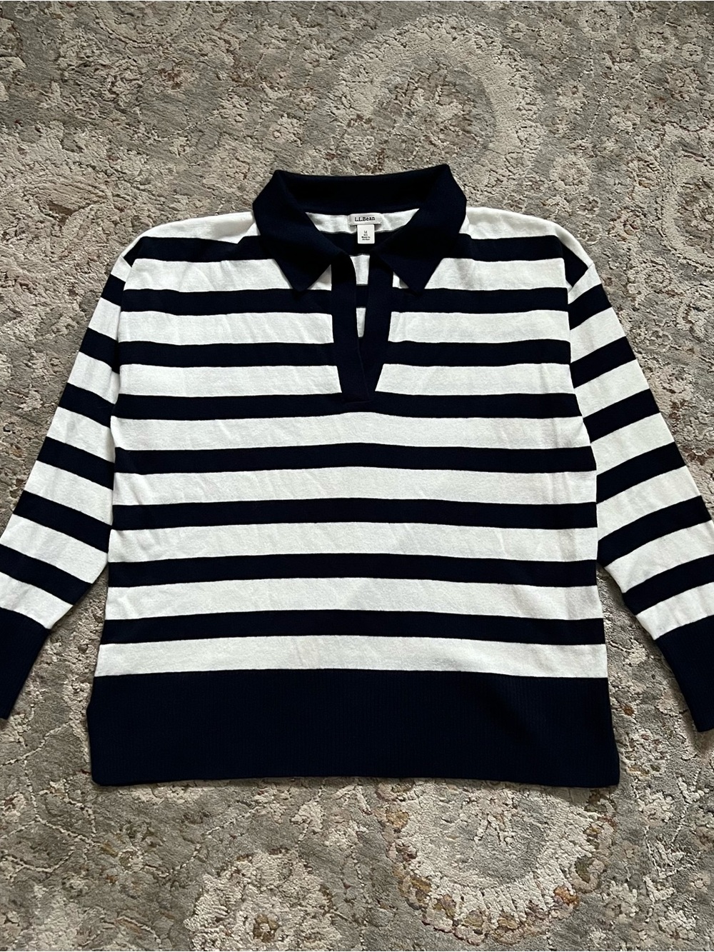 L.L. Bean Navy and White Striped V‑Neck Polo Sweater
